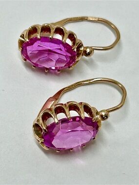 Vintage Soviet Era Russian 14 Karat Rose Gold Ruby Earrings